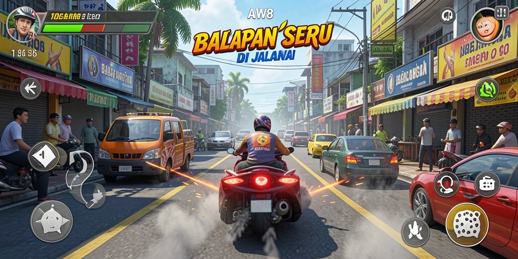 Screenshot AW8 menampilkan aksi balapan yang mendebarkan di jalur kota.