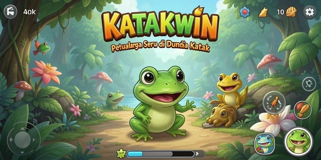 Gameplay KATAKWIN menampilkan aksi melompat yang seru di dunia yang cerah.