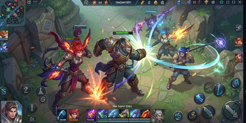 Tampilan epik gameplay NAGA1001 dengan pertarungan karakter MOBA.
