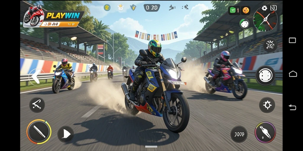 Tangkapan layar dari gameplay seru <strong>PLAYWIN</strong> yang menampilkan balapan motor.