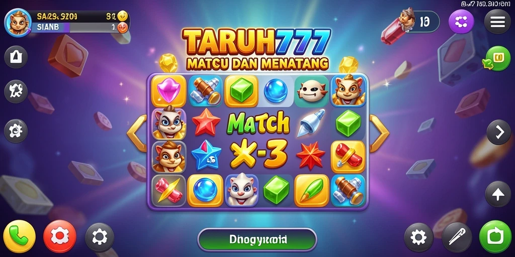 Screenshot gameplay TARUH777 menampilkan elemen warna-warni Match-3 yang seru.